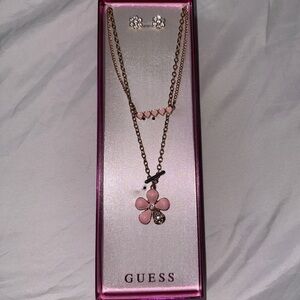 Guess Pink Floral Crystal Necklace Set